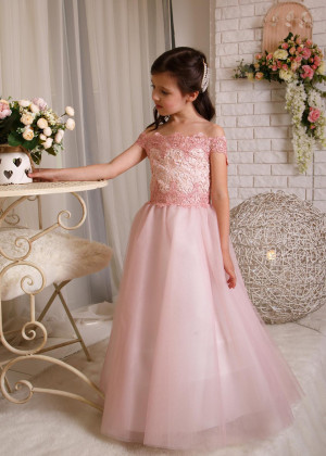 Blush Pink Lace Tulle Corset Back Flower Girl Dress